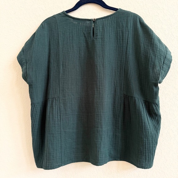Madewell Lightspun Cuffed-Sleeve Shirred Top Green Cotton Gauzy Boxy Blouse - Picture 8 of 10